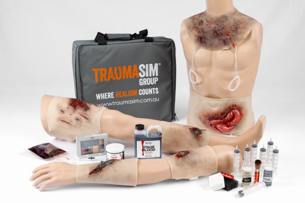 Combat trauma moulage kit with blast and fragmentation injuries for military and tactical medical training